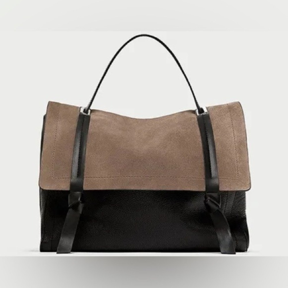 Zara Crossbody Satchel Suede Leather Taupe Black Women's Minimalist Quiet Luxury